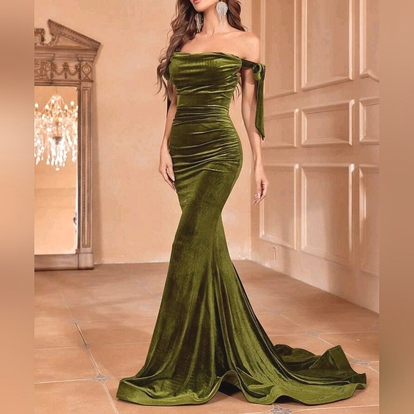 New Glam Velvet Ruched Bodycon Stretch Maxi Mermaid Gown Dress Olive Green - Picture 2 of 10